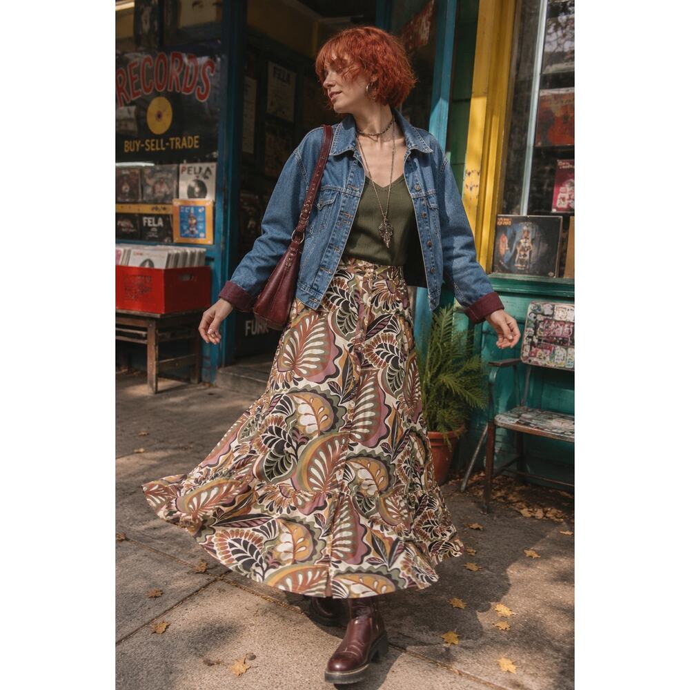DR2 Daniel Rainn Retro 70s Tropical Leaf Maxi Skirt Button Front Large